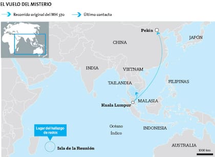 El vuelo original y el lugar donde hallaron los restos del MH370
