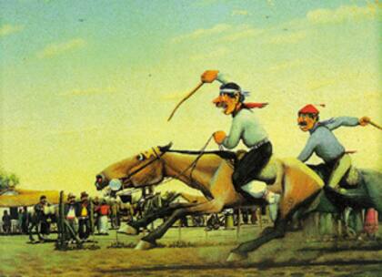 "¡El zaino por medio cuerpo!", la obra con la que Molina Campos reflejó una carrera cuadrera