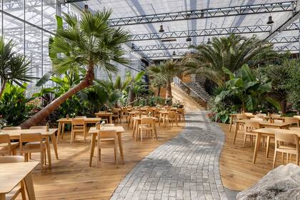 Elegante e integrado con su entorno, el invernadero es el escenario de un bar donde todos los visitantes de la isla pueden pasar un rato y disfrutar de la vegetación.