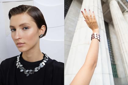 Elegidos de Iskin Sisters: brazalete en cuero y acrílico metalizado y collar en gamuza y acrílico metalizado. La firma propone set especiales para mamá con 15% de descuento y tote bag de regalo.