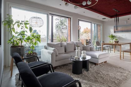 "Elegimos estas macetas de Rehau porque son muy originales. Y livianas como los muebles, También son inteligentes: tienen autorriego. La paisajista Maricel Meneghini eligió para ellas plantas esculturales con flores rojas a tono".