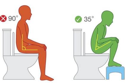 Elevar las rodillas al ir al baño para cambiar el ángulo pélvico de 90 a 35 grados podría ayudar a relajar tus intestinos.