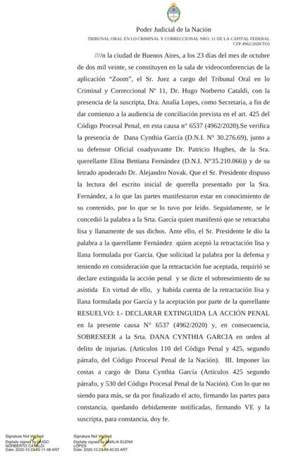 El acta judicial en donde el Tribunal dio por terminado el proceso penal, luego de que Dana García se retractara ante la justicia por sus dichos en el programa Confrontados