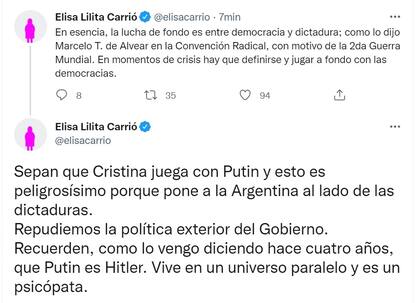 Elisa Carrió tuiteó contra Cristina Kirchner y criticó la política exterior del Gobierno