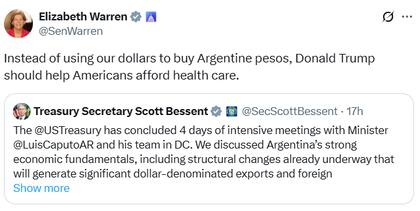 Elizabeth Warren criticó el acuerdo de Estados Unidos con Argentina (Fuente: @SenWarren)