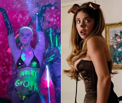 Elle Fanning, como Margo en la serie Margo tiene problemas de dinero, y Sydney Sweeney, en la piel de Cassie Howard durante la tercera temporada de Euphoria. Ambas ficciones abordan el ingreso de sus protagonistas al mundo del contenido para adultos
