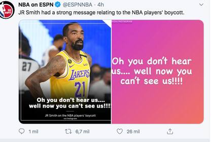 Elocuente mensaje de J. R. Smith, de Los Angeles Lakers, aludiendo a la no presentación de los basquetbolistas: "Ah, no nos oyen... Bueno, ahora no pueden vernos".