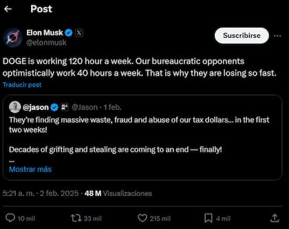 Elon Musk afirma que en DOGE se trabaja 120 horas a la semana