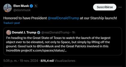 Elon Musk celebró la asistencia de Donald Trump al lanzamiento de Starship en Texas