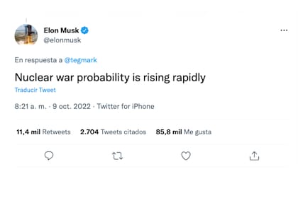 Elon Musk compartió una preocupante reflexión en Twitter: "La probabilidad de una guerra nuclear está creciendo rápidamente"