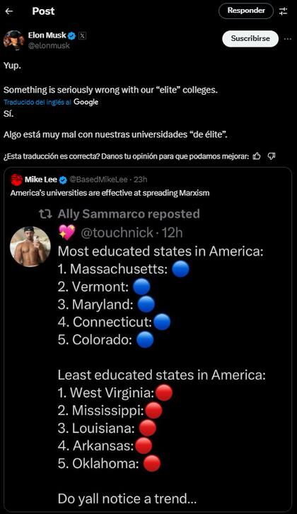 Elon Musk critica a las universidades de "elite" en un nuevo posteo en X