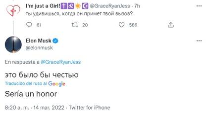 Elon Musk dijo que "sería un honor" que Vladimir Putin acepte su desafío (Foto: Twitter)