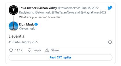 Elon Musk expresó en Twitter que votaría por Ron DeSantis en las próximas elecciones presidenciales de Estados Unidos (Crédito: Twitter/@TeslaOwnersSV)