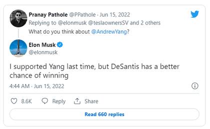 Elon Musk expresó que Ron DeSantis tiene "más oportunidad" de ganar en las próximas elecciones presidenciales en Estados Unidos (Crédito: Twitter/@PPathole)