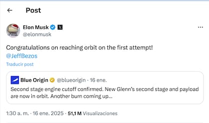 Elon Musk felicitó a Jeff Bezos en enero de 2025 después de que Blue Origin logrará su primer viaje orbital de forma exitosa (X/@elonmusk)