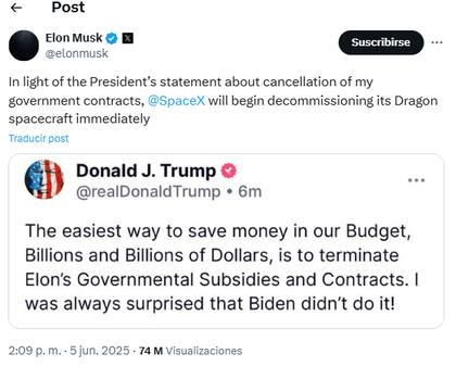 Elon Musk responde a una de las amenazas de Trump con respecto a eliminar sus contratos gubernamentales