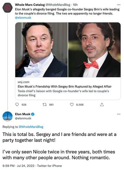 Elon Musk respondió a través de redes sociales al artículo de The Wall Street Journal donde se reveló que, supuestamente, habría tenido una relación con Nicole Shanahan, esposa de Sergey Brin, cofundador de Google y amigo cercano del magnate (Crédito: Twitter/WholeMarsBlog)