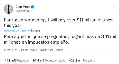 Elon Musk reveló la colosal cifra que pagará en impuestos en 2021