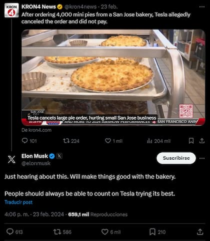 Elon Musk se responsabiliza a pagar la deuda de Tesla con el negocio The Giving Pies