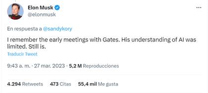Elon Musk señaló que la comprensión de Gates sobre la IA es "limitada"