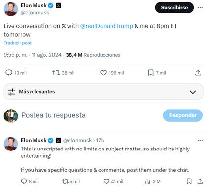 Elon Musk usó su cuenta de X para anunciar la charla que tendrá con Trump