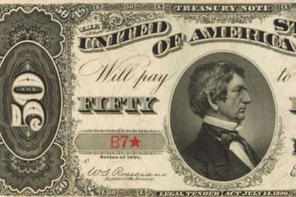 Emitido a fines del siglo XIX, este billete se destaca por su escasa circulación y el retrato central de William H. Seward (Stacks Bowers)