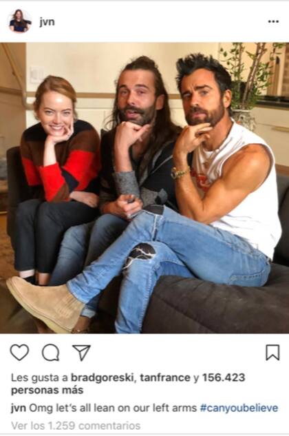 Emma Stone, Jonathan Van Ness y Justin Theroux