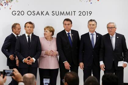 Emmanuel Macron, Angela Merkel, Jair Bolsonaro, Mauricio Macri y Jean-Claude Juncker