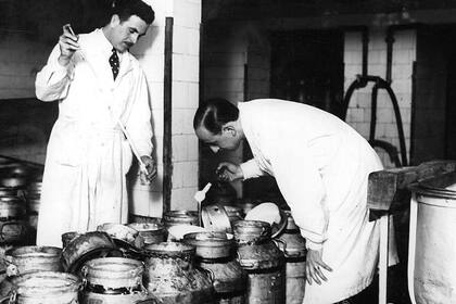 Empleados especializados de La Vascongada examinan la crema para la fabricación de la manteca, 1938