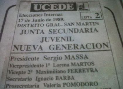 En 1989 Massa adolescente ganó las elecciones de la Junta Secundaria Juvenil Nueva Generación de la Ucedé en San Martín