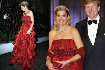 En 2008, Máxima impactó en los 60 del entonces príncipe de Gales con este strapless con volados de Valentino. Más tarde, en 2013, lo recuperó para la gala con la que Beatriz de los Países Bajos se despidió de su reinado.