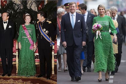 En 2014, Máxima acortó y acondicionó un vestido de gasa de seda con bordados y plumas que perteneció a su suegra, Beatriz, y que la Reina había usado durante una visita de Estado a Bélgica, en 1981.