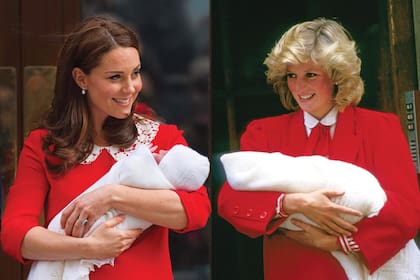 En 2018, cuando presentó a su hijo menor, Louis, Kate se vistió de rojo, tal como lo hizo su suegra en 1984, al posar con el príncipe Harry en brazos, en las mismas escalinatas. En el caso de la duquesa de Cambridge, abandonó el hospital St. Mary de Londres con un vestido con cuello bebé de Jenny Packman; y la Princesa de Gales lo hizo enfundada en un abrigo de Jan van Velden.
