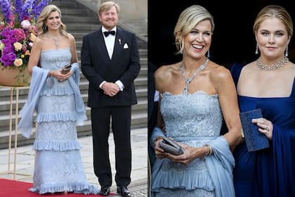 En 2021, durante una visita de Estado a Alemania, con el mismo Valentino que le vimos el año pasado en la cena de gala en Honor del Consejo de Estado. Las dos veces lo complementó con el collar de aguamarinas de la reina Guillermina que es uno de sus favoritos.
