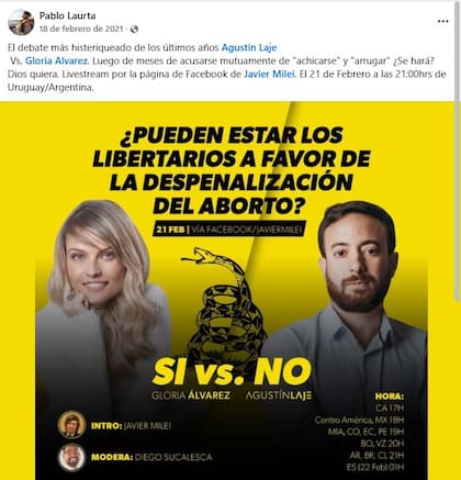 En 2021 Pablo Laurta convocaba a participar de un debate virtual entre Agustín Laje y Gloria Álvarez