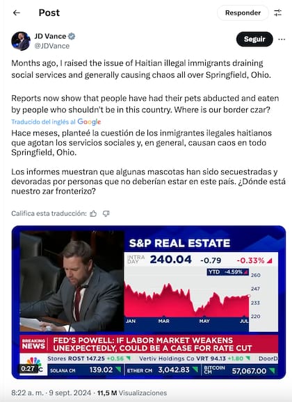 En 2024, el entonces senador de Ohio JD Vance aseguró que había reportes de ciudadanos que vieron cómo grupos de migrantes haitianos secuestraron y "devoraron" a sus mascotas. Foto: X / JD Vance