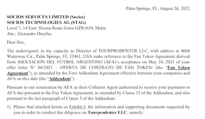 En agosto de 2022, Erica Gillette, la mujer de Javier Faroni, le envió una nota de Socios.com para canalizar los pagos a través de TourProdEnter