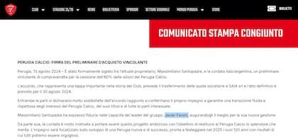 En agosto de 2024, el club Perugia de Italia anunció la llegada del grupo SAIA y de Javier Faroni