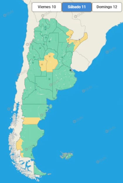 En amarillo, las zonas donde rige el alerta emitido por el SMN