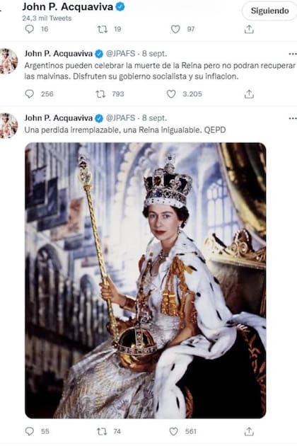 En anteriores tuits, Acquaviva había manifestado su dolor por la muerte de Isabel II y también había cuestionado a los argentinos con un tema muy sensible como es la soberanía de las Islas Malvinas