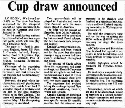 En anuncio del sorteo del primer Mundial de rugby en las páginas de Canberra Times del 5 de diciembre de 1985