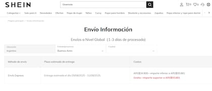 En Argentina, el envío express de Shein demora mínimo 20 días (Foto: Captura Shein)