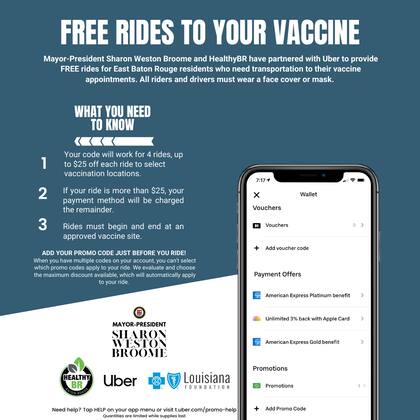 En Baton Rouge, Luisiana, Uber y la Fundación Louisiana ofrecen traslado gratuito hasta el centro de vacunación para incentivar a la población a inocularse