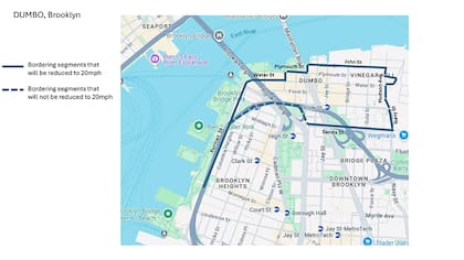 En Brooklyn, la zona de 20 mph abarca el barrio de DUMBO, delimitado por Furman Street al oeste y Sands Street al sur