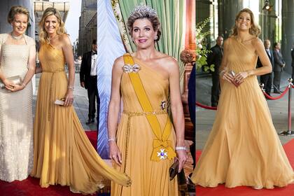En Bruselas, junto a su amiga Matilde de Bélgica y con traje de inspiración romana de Jan Taminiau, durante un concierto. El mismo modelo lo usó en otras oportunidades, incluso coronada. Lo había estrenado en 2011, con motivo de la fiesta con la que celebró sus 40 años (derecha).