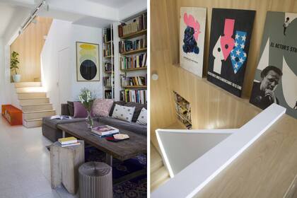 En el ángulo, lámina enmarcada (Monocopia). En el piso junto a la escalera, consola de acrílico naranja (Juju).