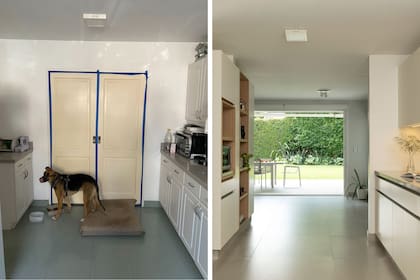 En el antes y después se puede ver uno de los gestos más significativos: la apertura de la cocina hacia la galería y el verde.