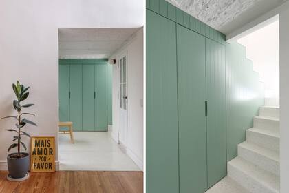 En el área de servicio, el piso y el revestimiento de la escalera se hicieron de terrazo (Pimux). En el primer caso, el material se vertió in situ; las alzadas y pedadas, en cambio, se hicieron con placas prefabricadas. Mueble ranurado y laqueado (Obliquo).