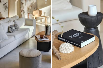 En el área del living, sofá blanco diseñado por Estudio Maria Santos, puffs de Vaguada Home.