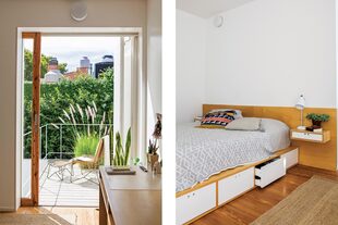 En el balcón, silla ‘Tihla’ (Increa). El deck de cemento suspendido permitió hacer un cantero debajo con vegetación que queda a nivel del suelo.